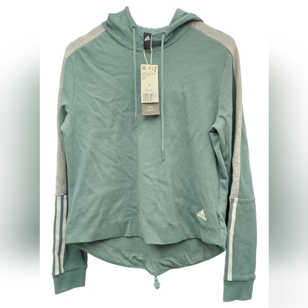 NWT Adidas Women’s Teal Blue Grey Striped Cropped Hoodie